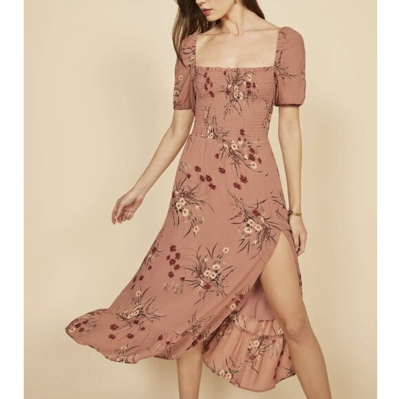 Reformation Meadow Midi Dress Queen Print Floral Smocked Slit Pink Puff Sleeve - Picture 1 of 12